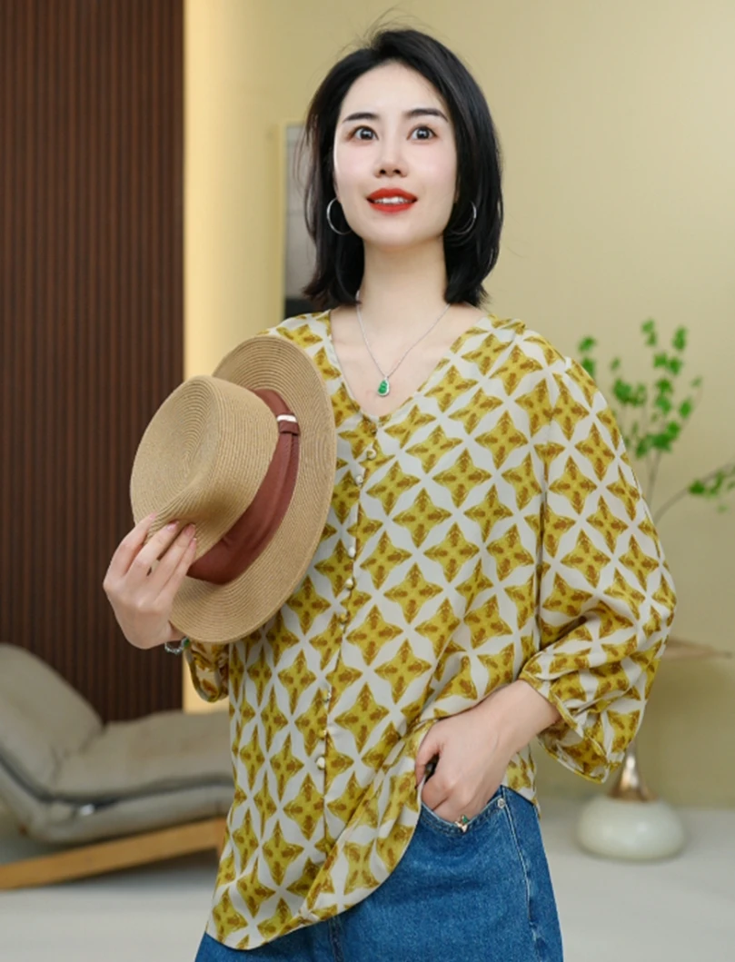 BEIJU 2025新款时尚百搭洋气防晒气质轻奢宽松减龄印花衬衫女9520