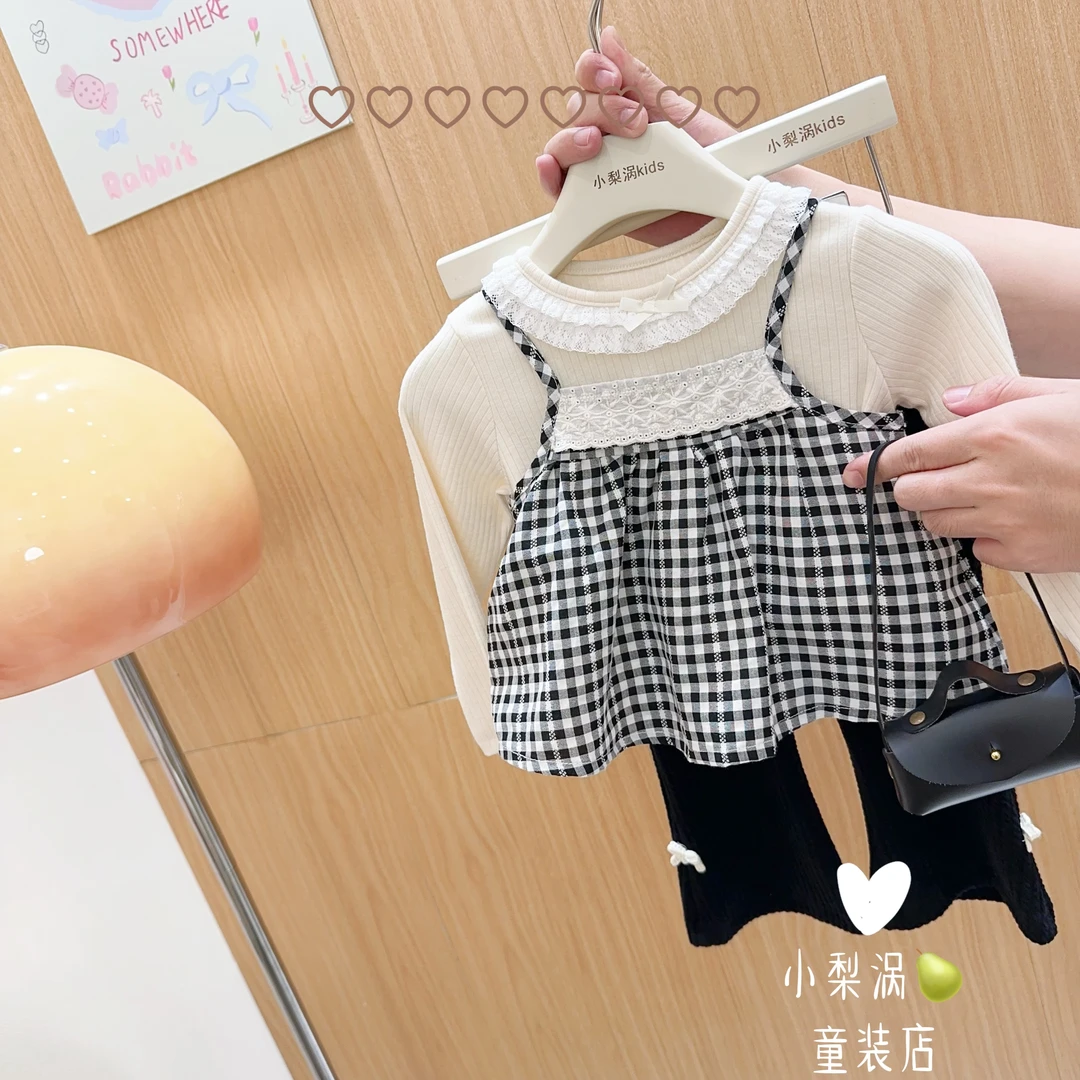 宋包包~女童套装秋装格子衫洋气小香风三件套花边领韩版