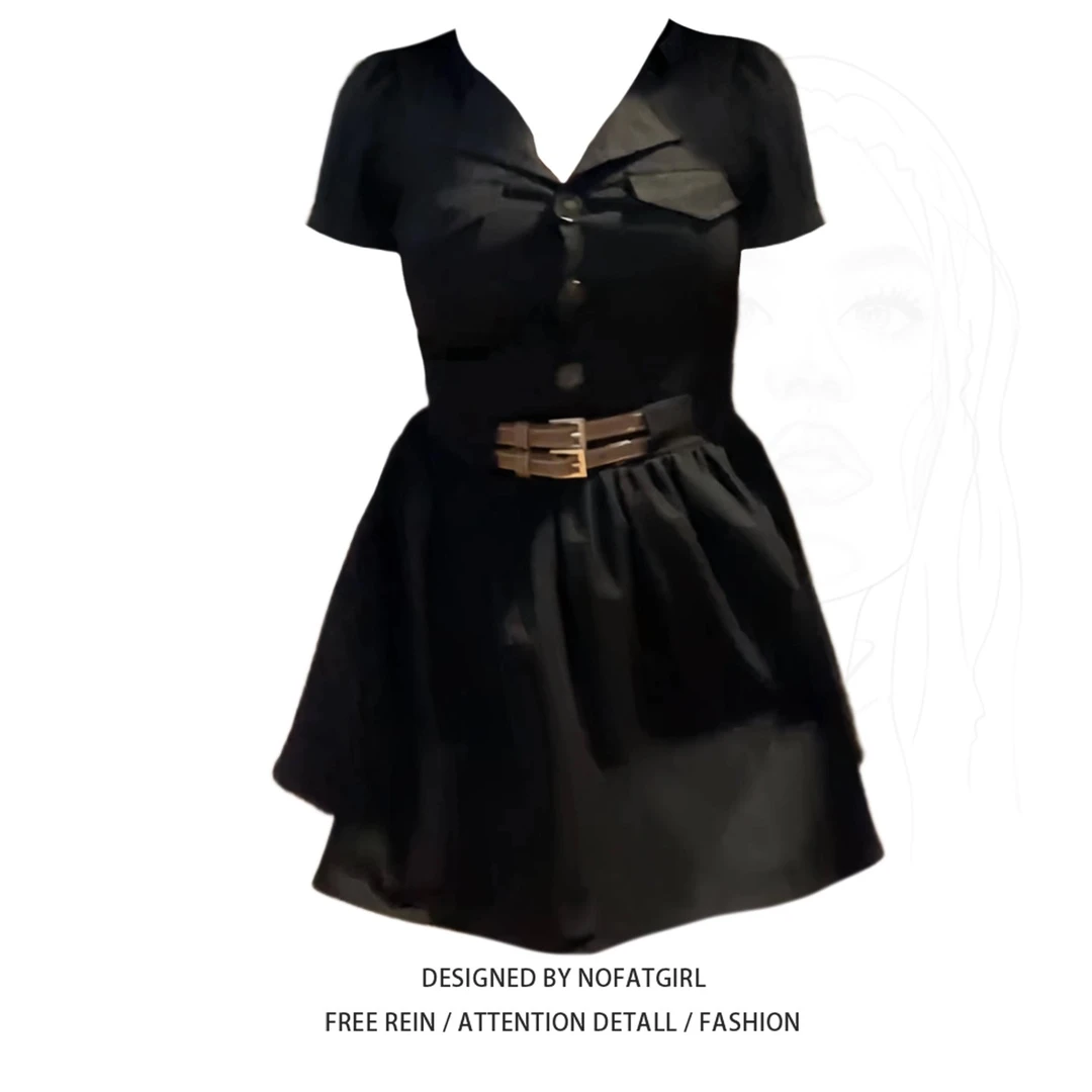 大码胖MM美式复古风工装设计感黑色连衣裙夏季新款辣妹v领短裙子