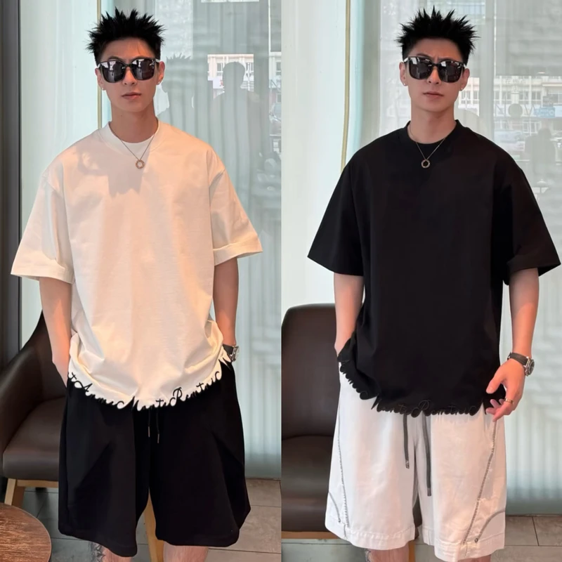 夏季新款美式重磅刺绣花边圆领短袖男士简约潮牌宽松百搭休闲T恤