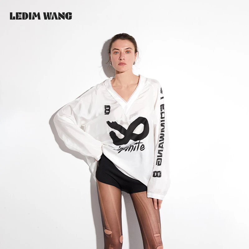ledim wang【红标系列】桑蚕丝V领印花上衣女2025夏季防晒罩衫T恤