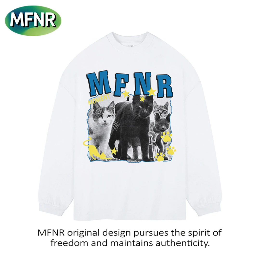 美式复古猫咪印花长袖男女百搭小众重磅纯棉宽松圆领秋季打底T恤