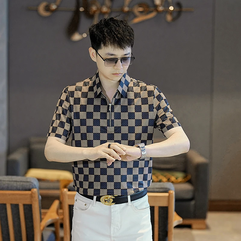 男士夏季新款冰丝修身半拉链短袖休闲百搭薄款翻领时尚衬衣