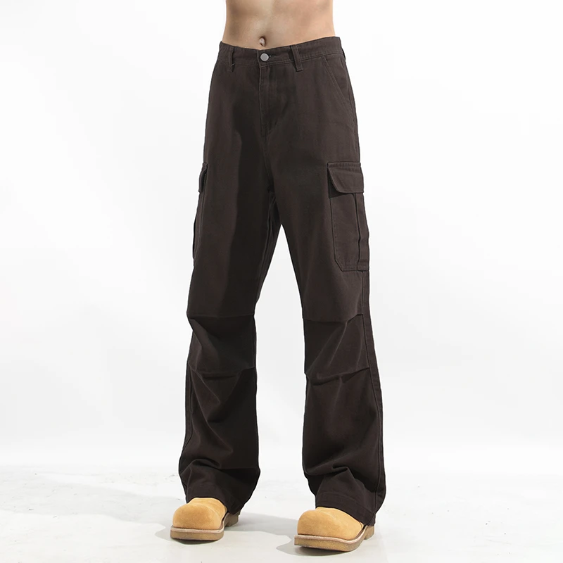 梦泡官方2025年新款复古咖啡色水洗工装裤男款宽松男士冰丝休闲裤