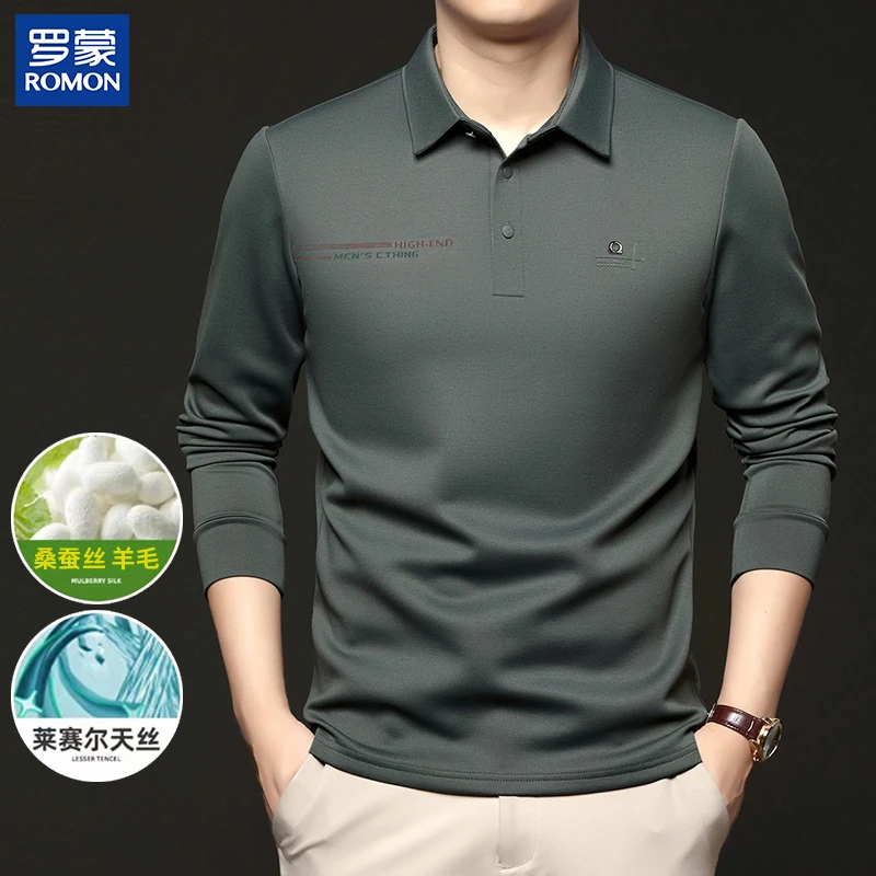 【含桑蚕丝+绵羊毛】Romon/罗蒙男士长袖polo衫休闲百搭翻领上衣