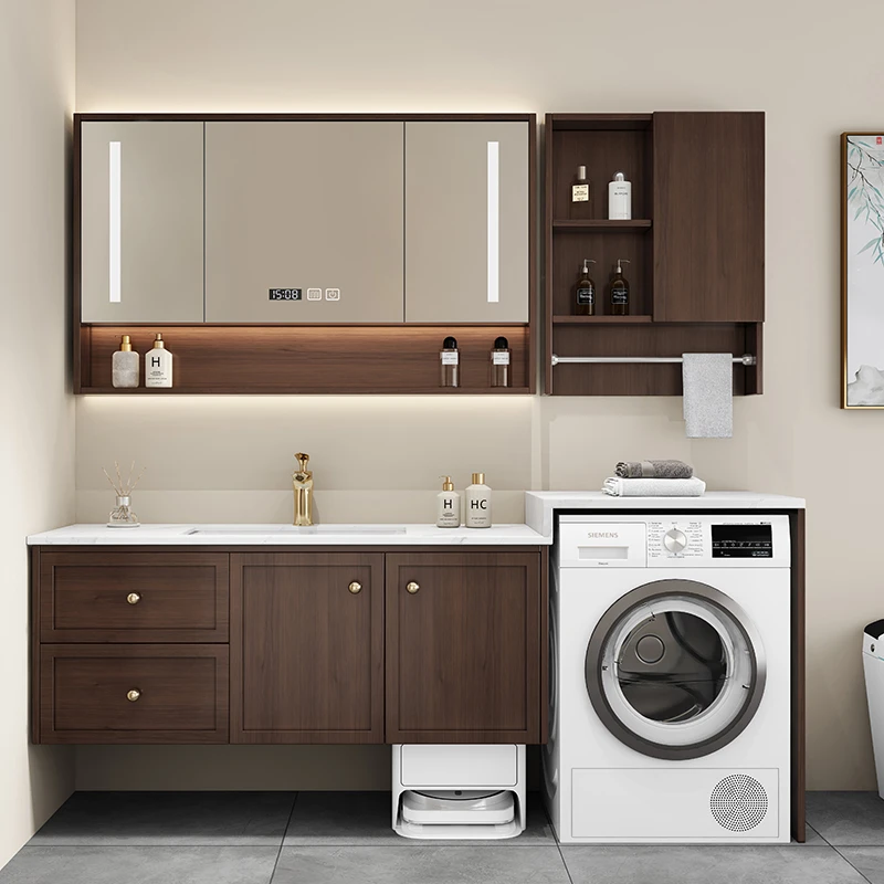 现代中古风实木浴室柜组合阳台高低洗衣机柜岩板无缝盆洗手洗漱台