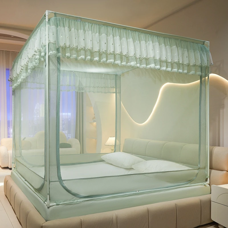 家用卧室防摔防尘加厚U型刺绣花边床笠式回底款三开门坐床蚊百