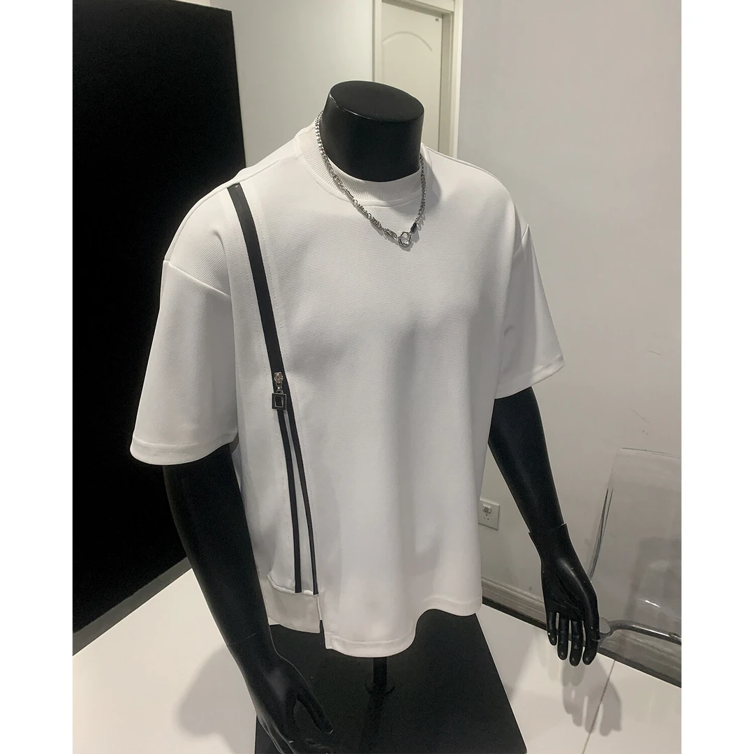 【高定时装周】撞色拉链设计款短袖男高级感开叉圆领T恤五分半袖