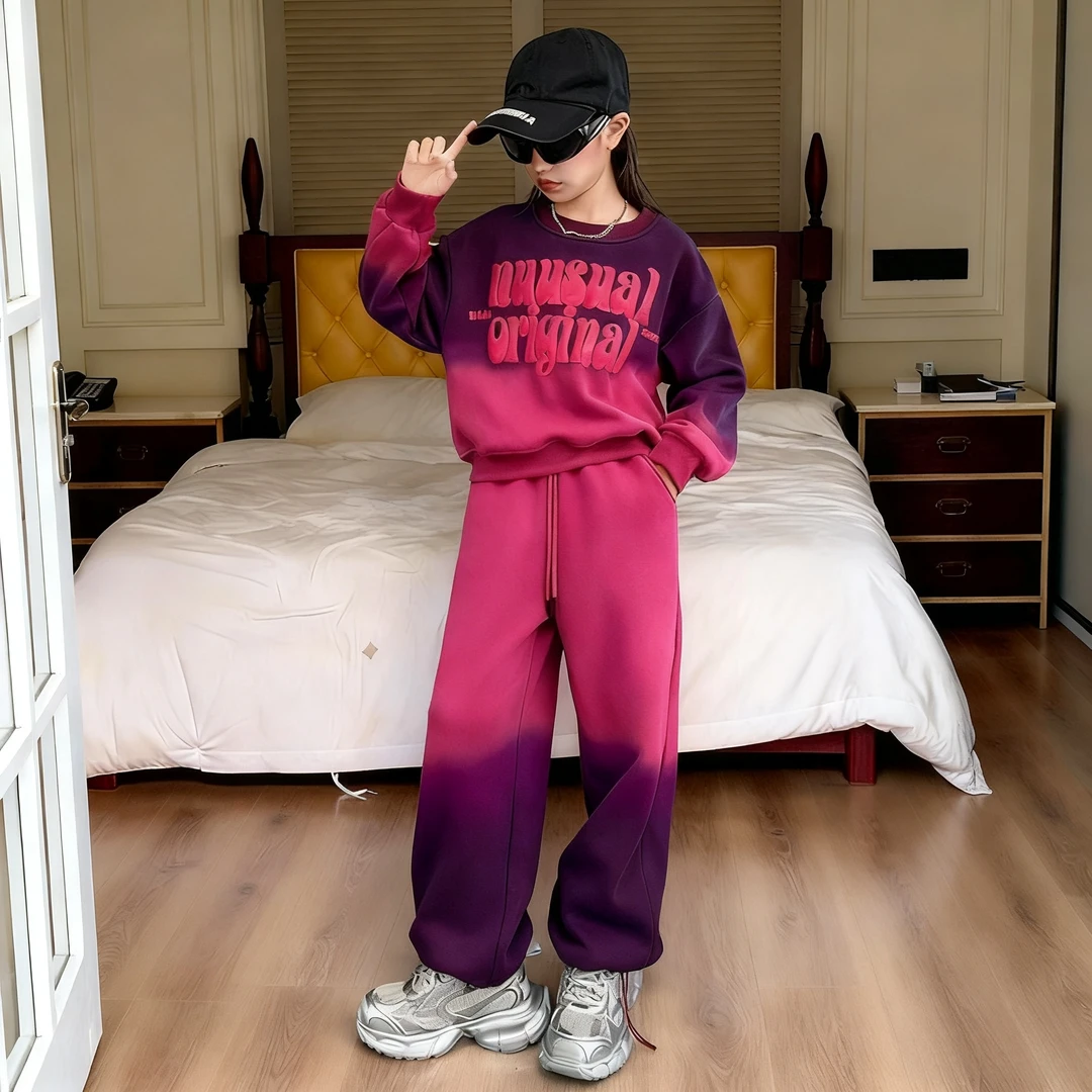 女童渐变色卫衣套装2025新款儿童洋气网红6-12岁秋装休闲两件套