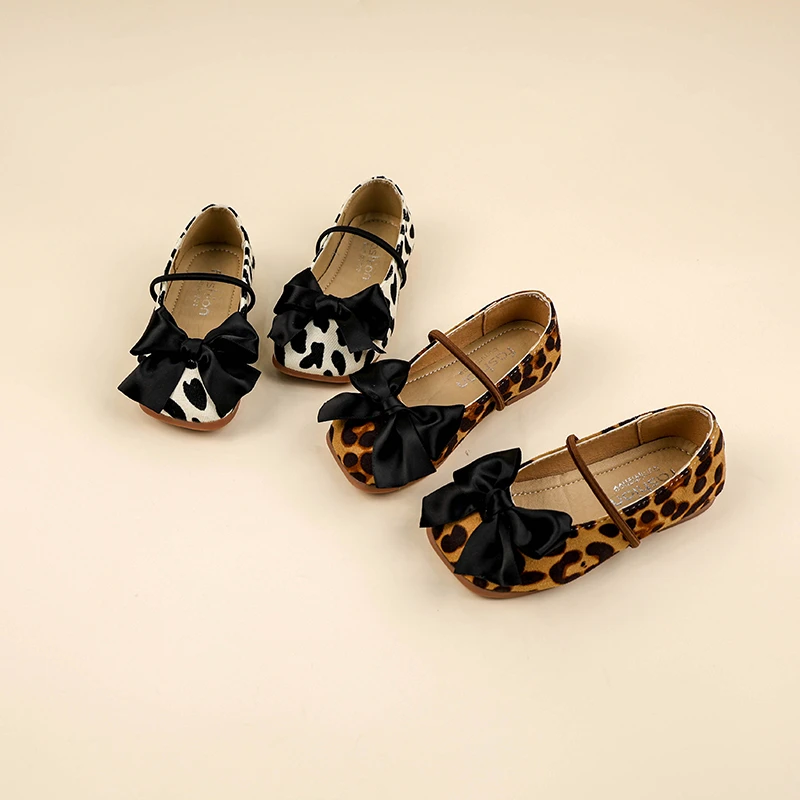 女童蝴蝶结豹纹小皮鞋软底单鞋2024春季新款小女孩洋气公主鞋0088