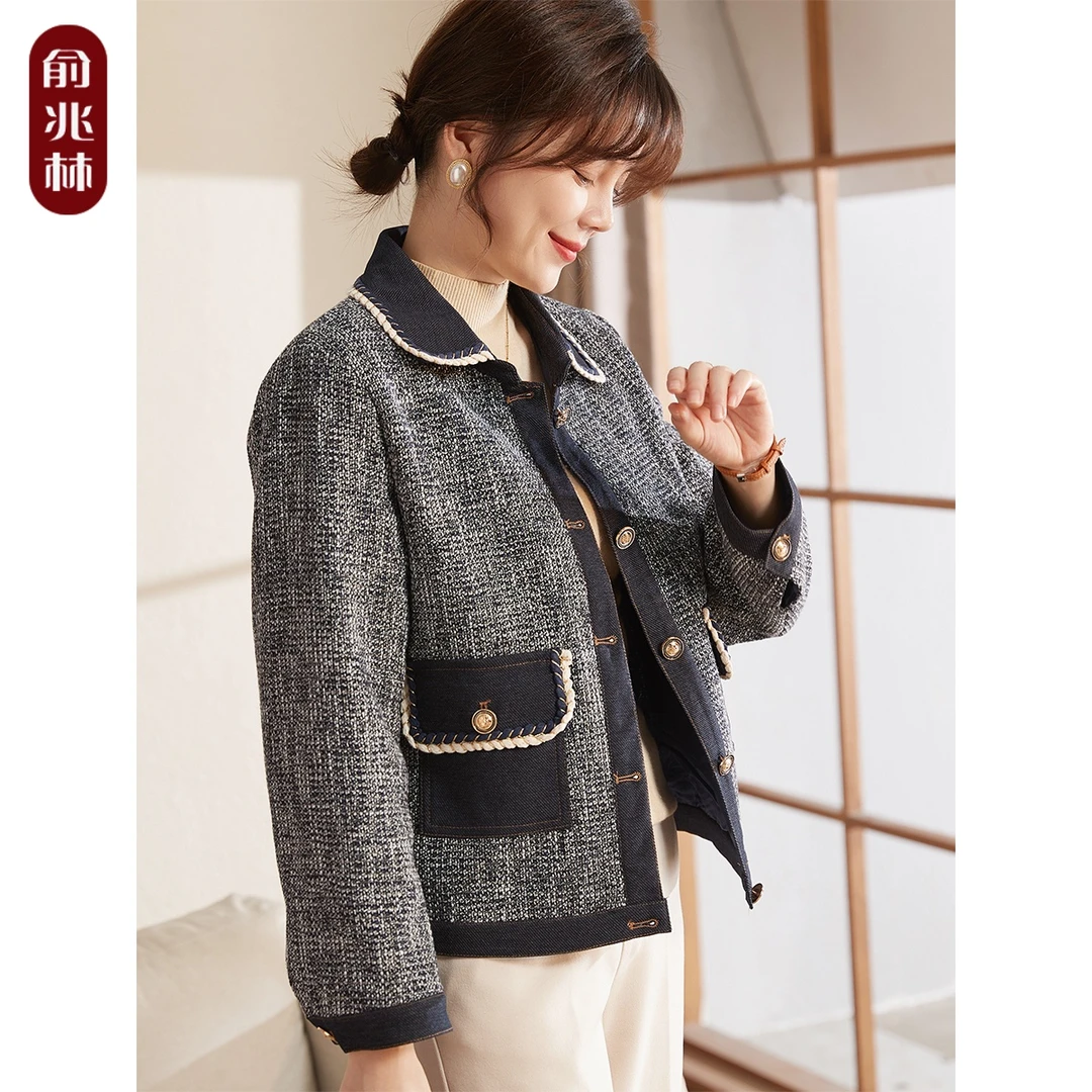 小个子妈妈春季短款小香风外套40岁50中年女春秋洋气翻领夹克上衣