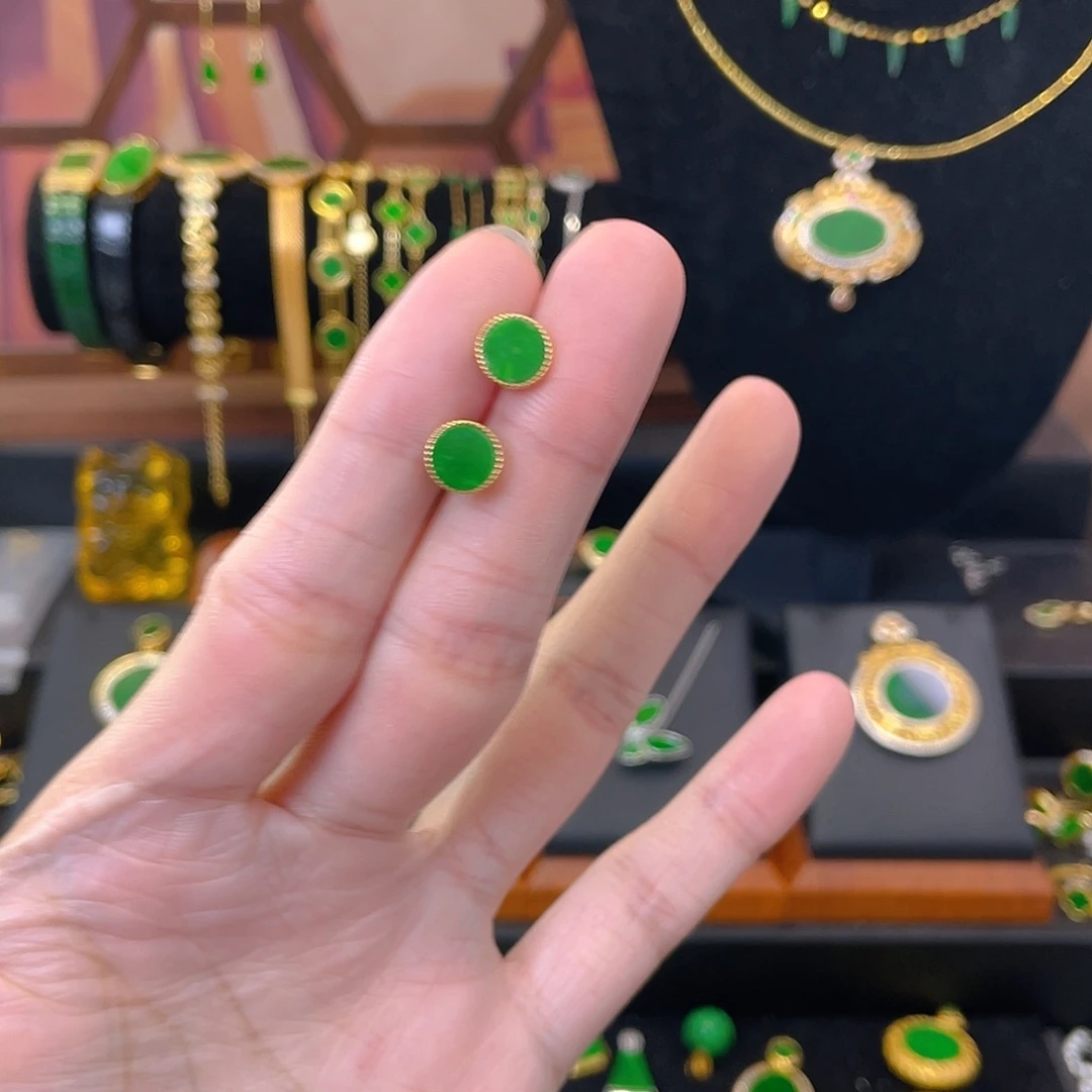 翡翠银S925镀金镶嵌耳饰