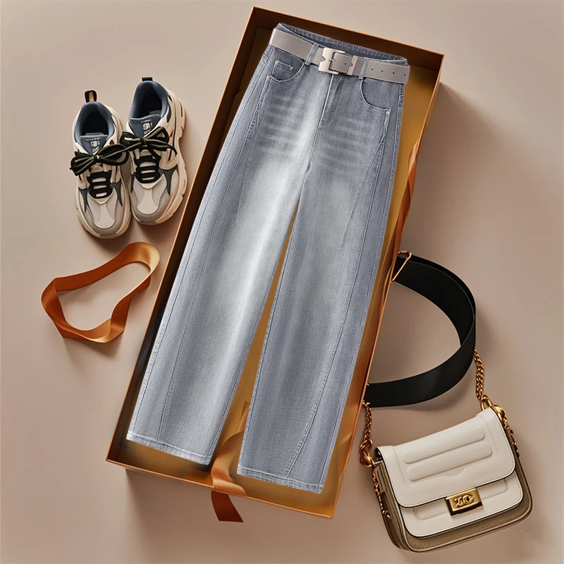 雾霾灰弯刀牛仔裤女2025夏季薄款新款高腰垂感抗皱休闲镰刀阔腿裤