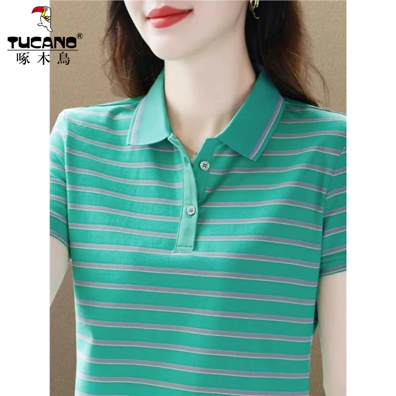 啄木鸟~纯棉条纹t恤女夏装短袖2025新款洋气翻领中年妈妈减龄上衣