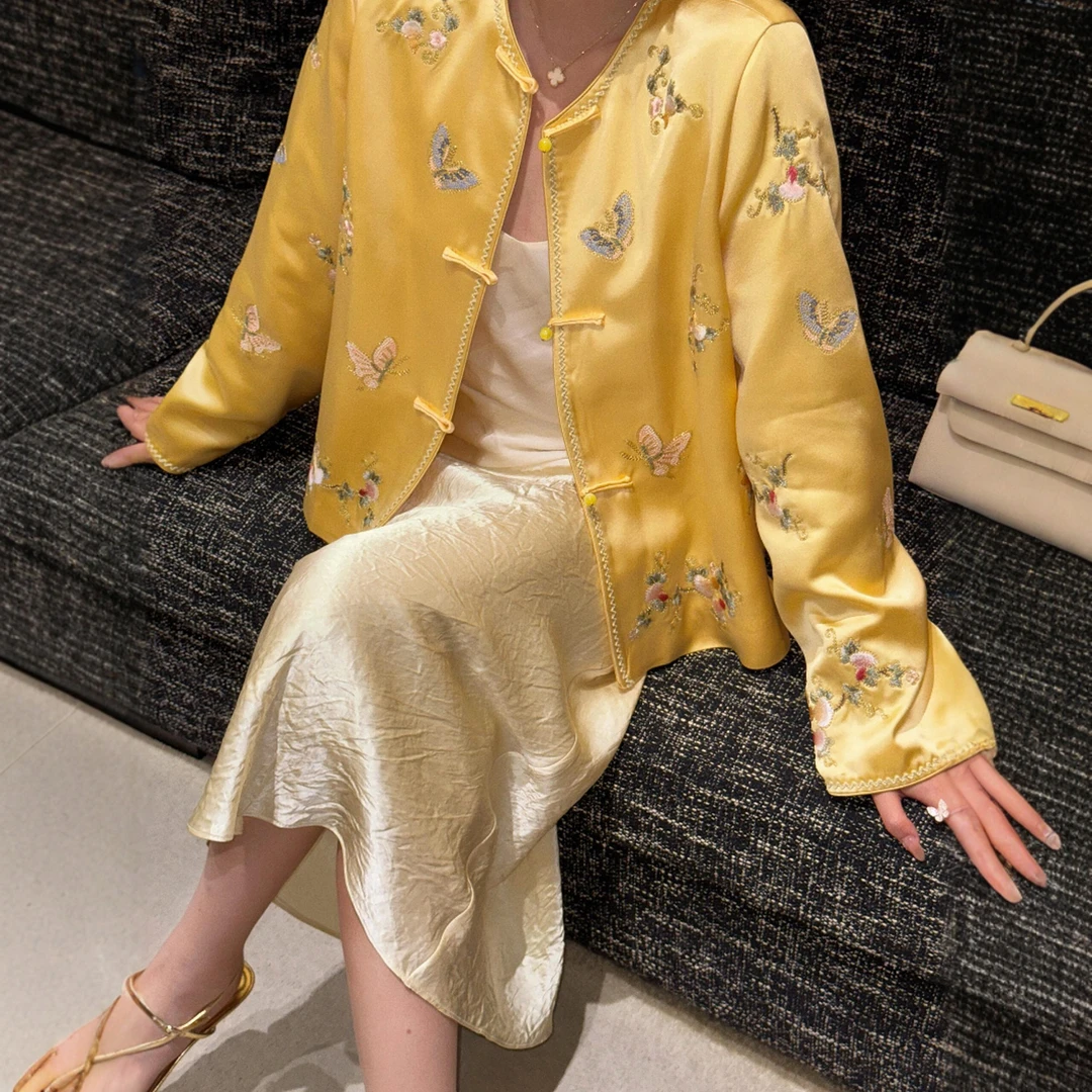 新中式国风复古刺绣醋酸外套女春季新款浅黄色上衣半裙高级感套装