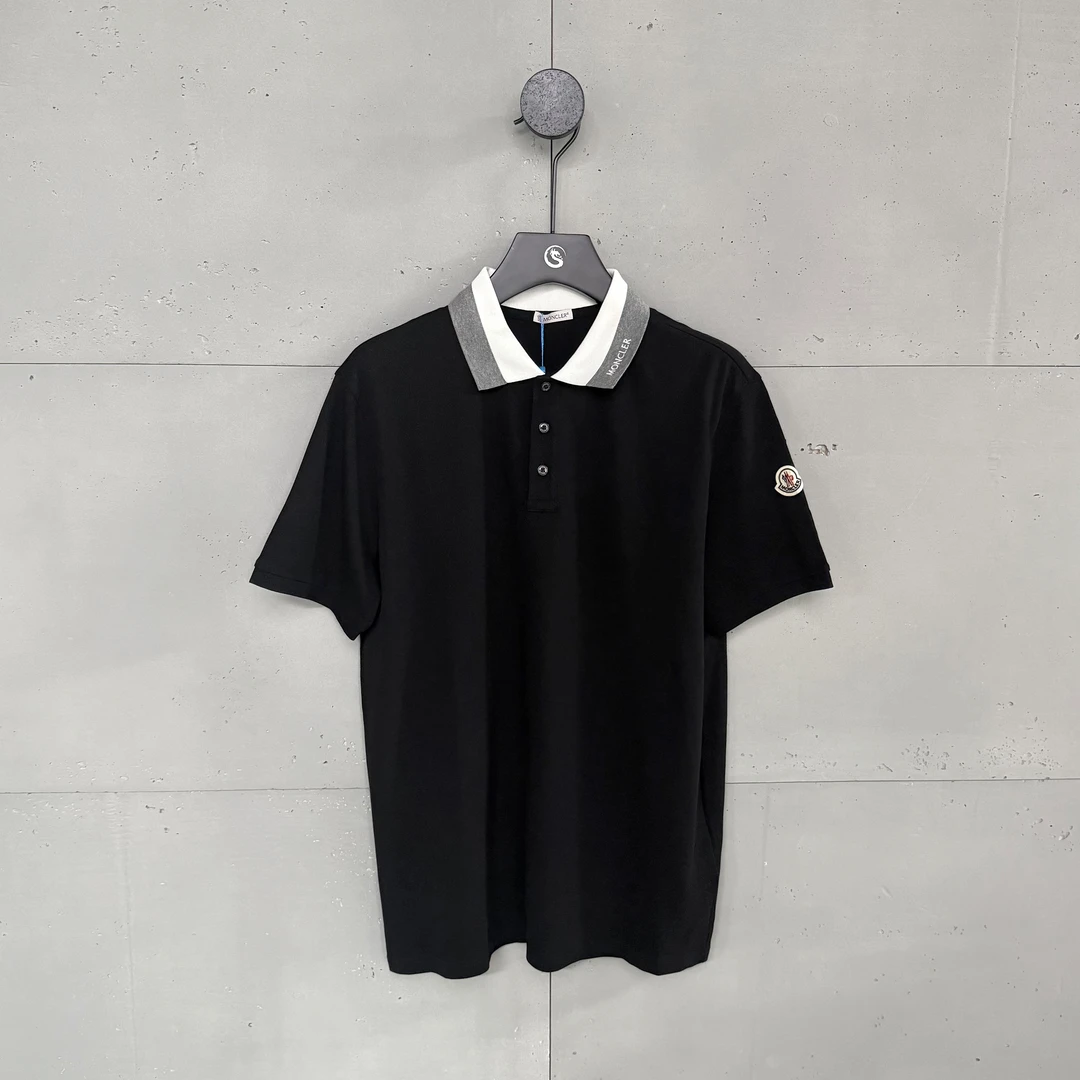 未使用 MONCLER 盟可睐蒙口黑色领口白灰条纹字母logo短袖polo衫