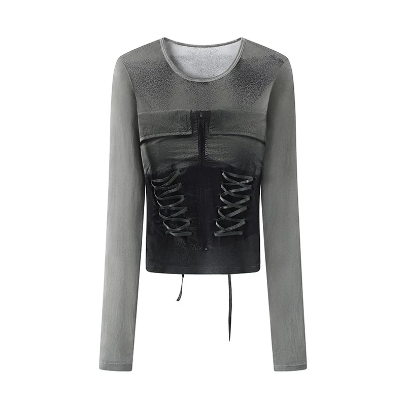 1329春季新款绑带印花网纱辣妹修身打底衫