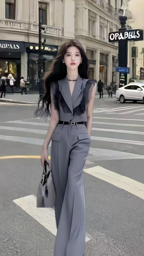 小众设计感新款辣妹夏季显瘦纯欲氛围感性感不规格雾霾灰上衣长裤