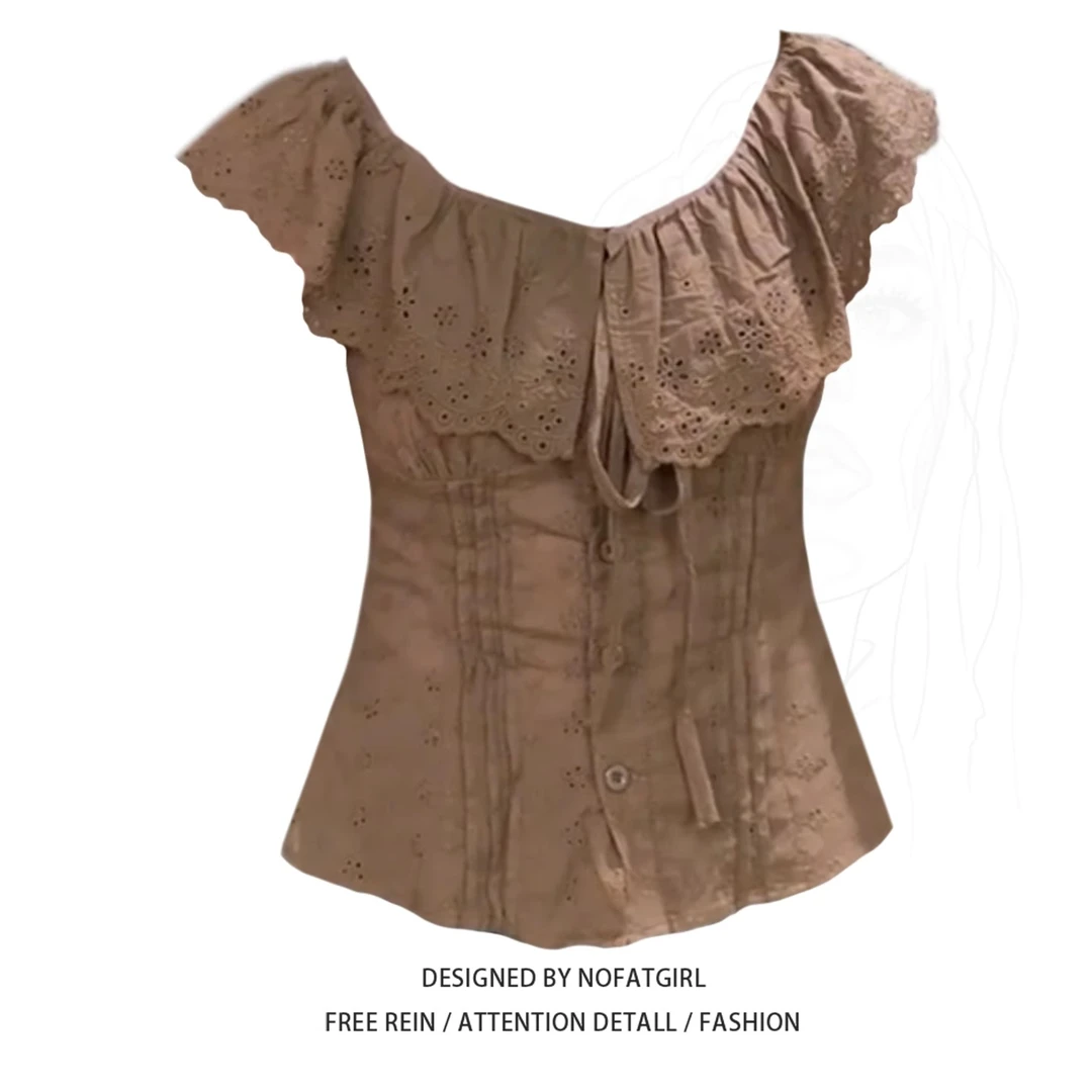 大码胖MM法式复古一字肩镂空短袖上衣设计感系带显瘦开衫女夏新款