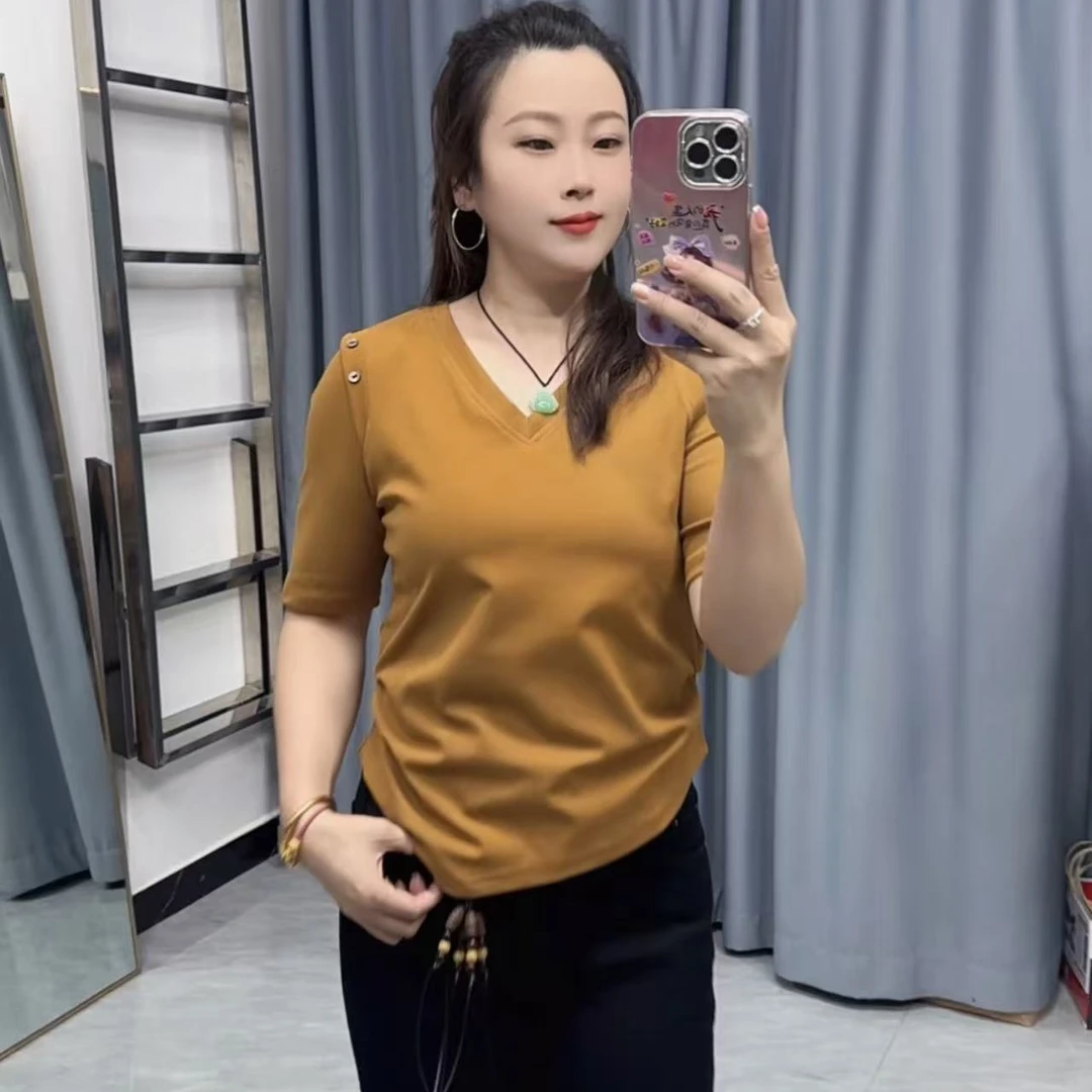 轻职风V领女打底衫短袖半袖圆领纽扣显瘦中袖T恤通勤95332