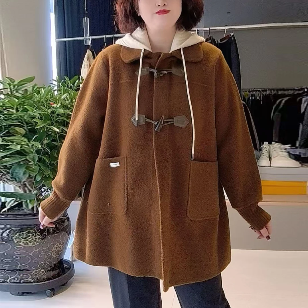 韩国绒牛角扣可拆卸针织连帽外套6615加厚保暖大码中长款风衣女潮