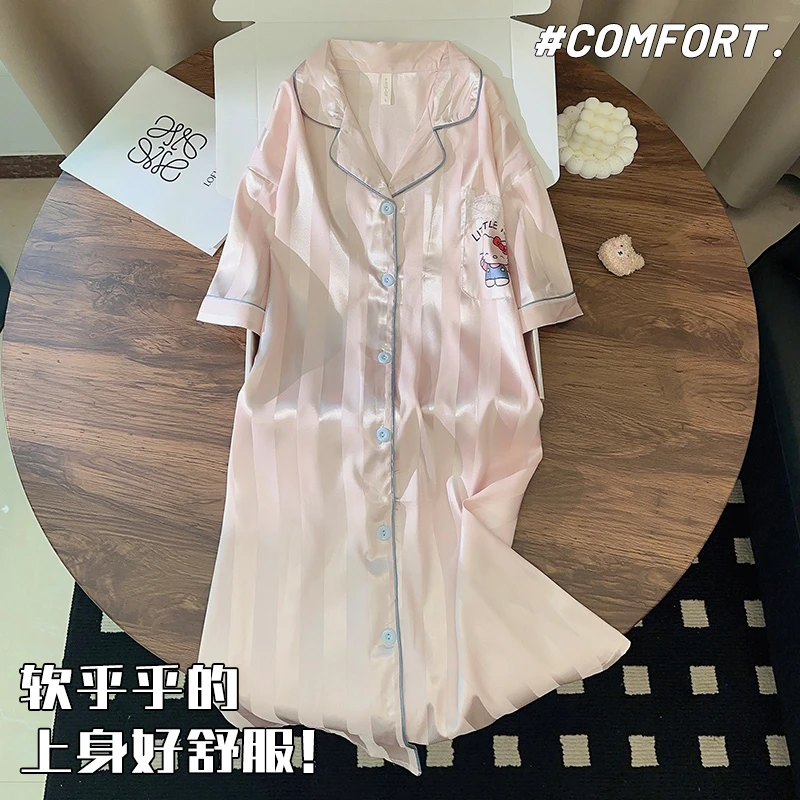 2025新款睡衣女夏季薄款冰丝可爱KT猫甜美风宽松睡裙家居服