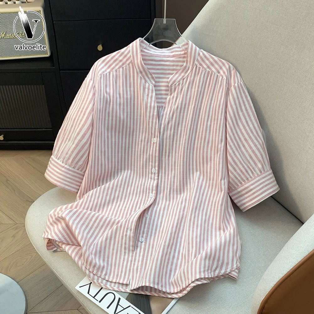 VALVOELITE夏季减龄V领条纹衬衣女百搭宽松休闲气质女士春秋衬衫