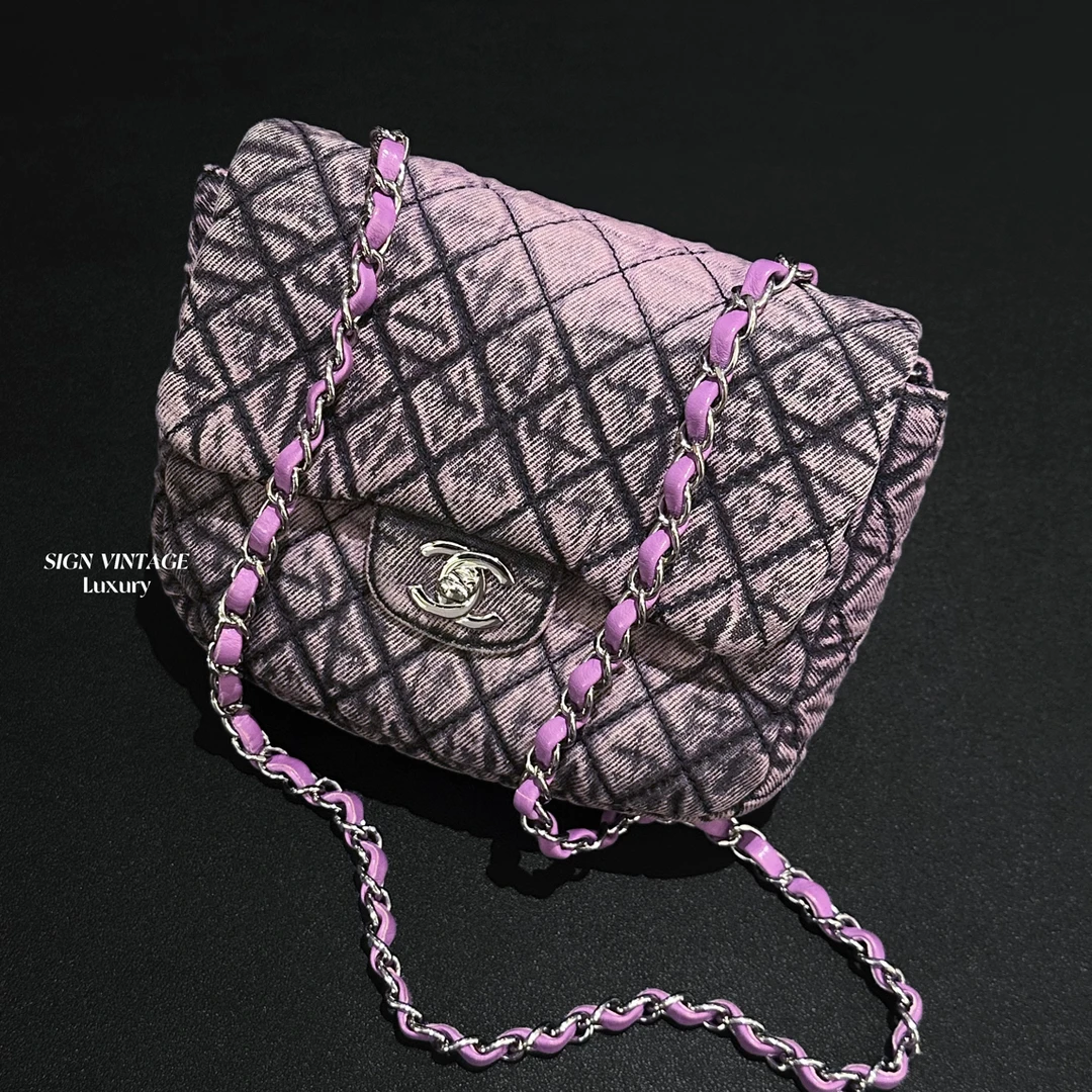 95新 Chanel/香奈儿 紫色水洗牛仔方胖子斜挎包