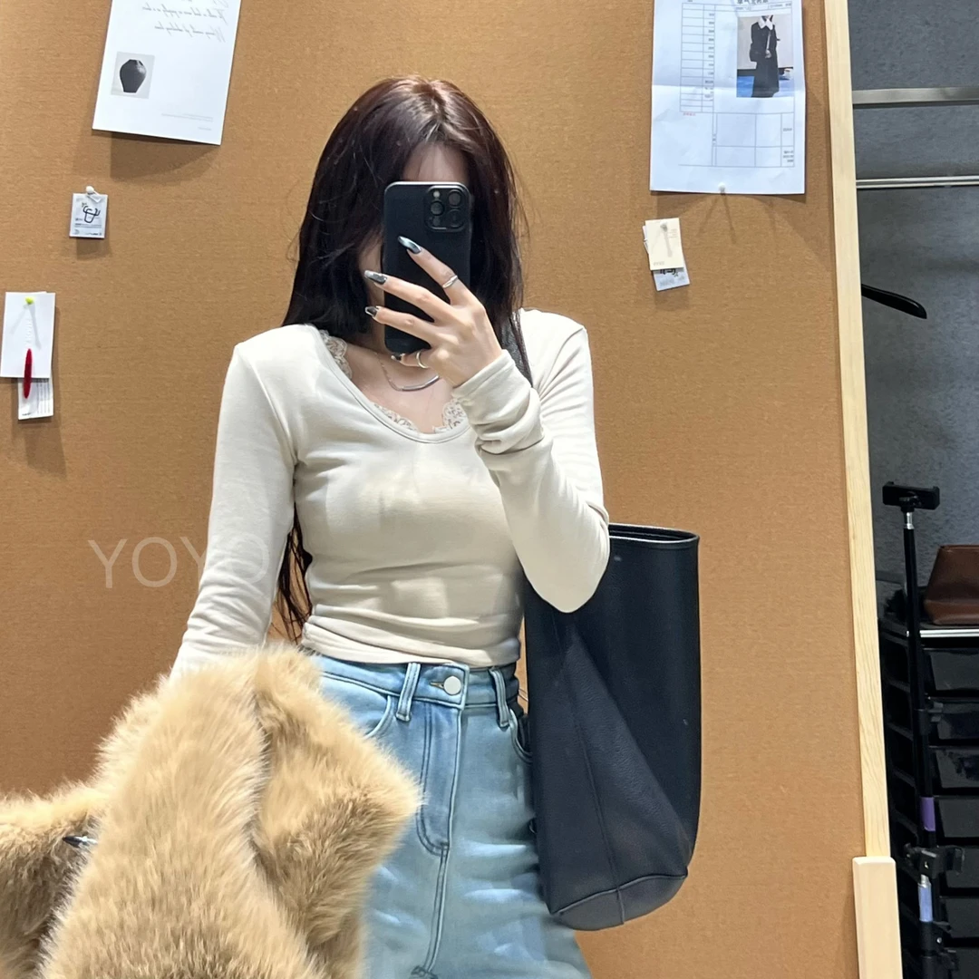 YOYO自制【蕾丝V领】磨毛显瘦修身辣妹百搭小众设计感长袖上衣