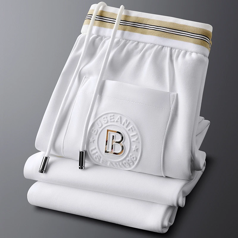 轻奢春夏季白色运动休闲裤男修身束脚裤子腰头撞色男士抽绳卫裤帅