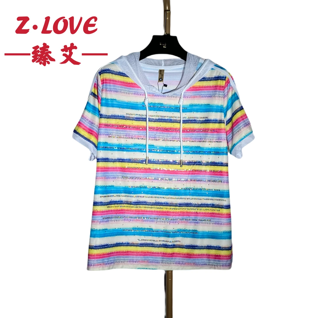 【彩虹方糖钻石蓝】欧韩时尚夏季欧丽莎连帽七彩冰丝短袖上衣