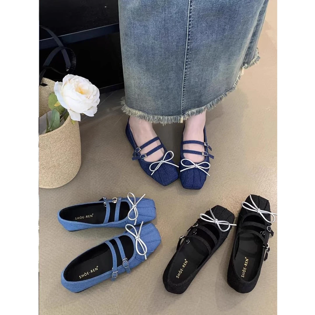 韩版平底浅口牛仔布单鞋女春夏新款方头时尚仙女晚晚鞋乐福鞋