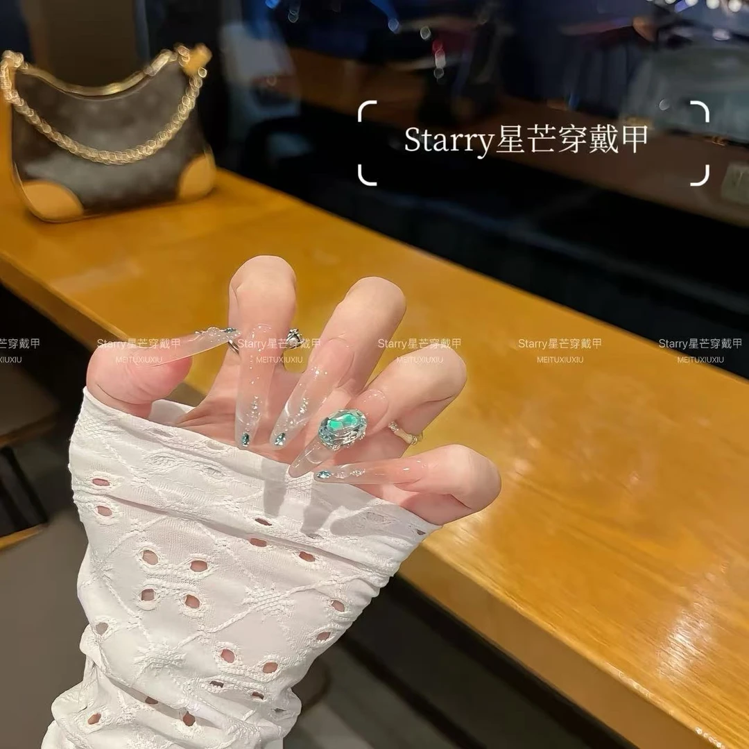 【鲛人泪】温柔名媛风爆闪显白猫眼纯手工穿戴甲中长款冰透气质