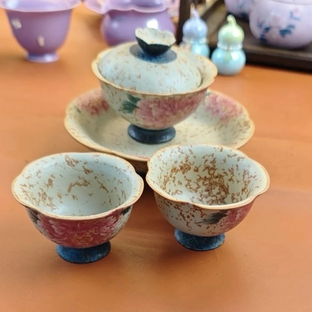 牡丹花花口高脚焦糖二才盖碗加杯