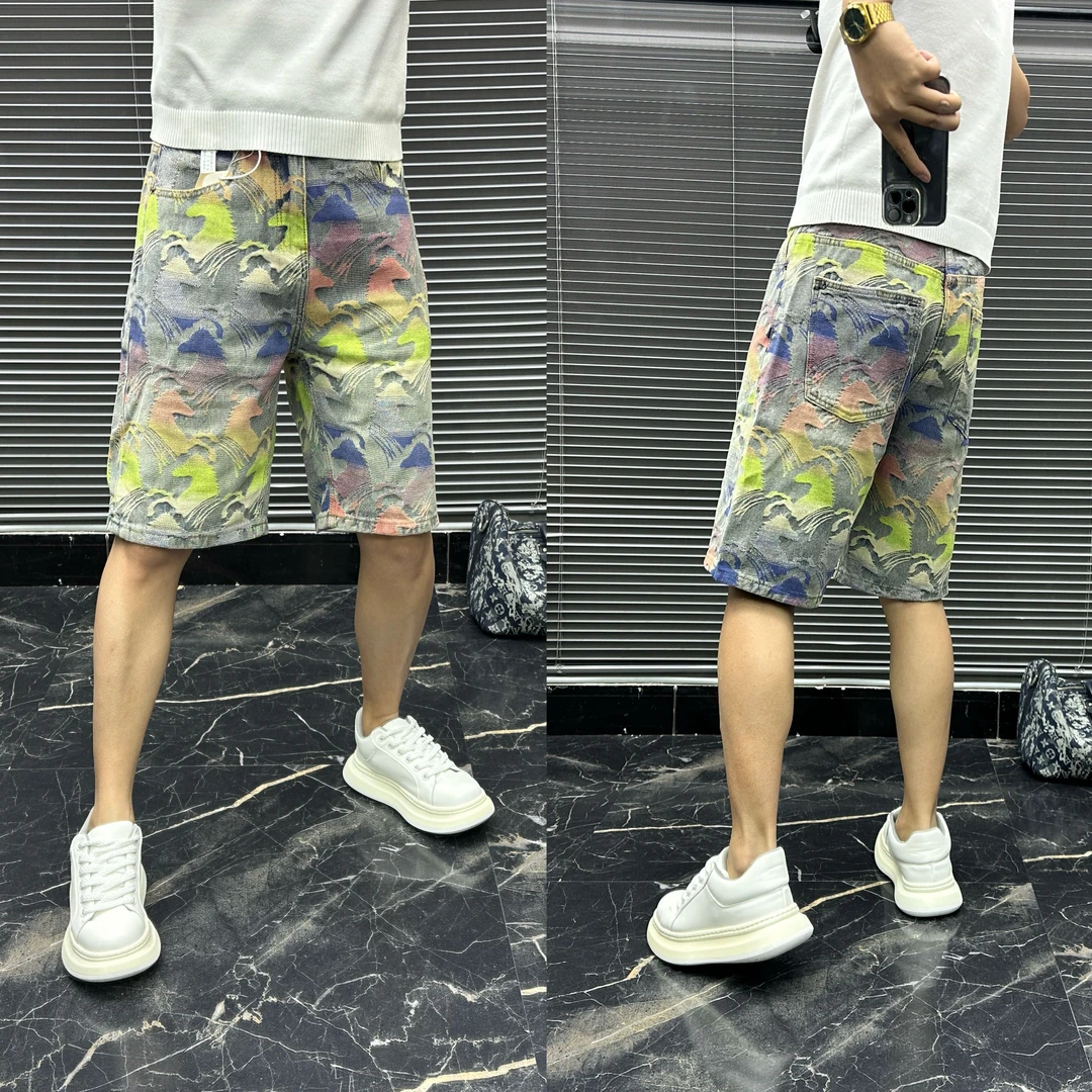 欧货潮流刺绣牛仔短裤中裤五分男士沙滩夏季薄款宽松显瘦休闲直筒