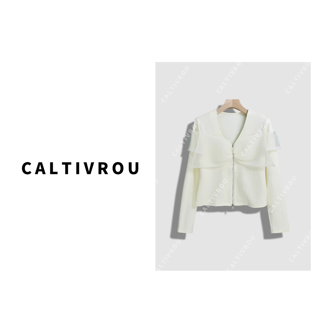 Caltivrou春季新款时尚V领拉链T恤衫-Y14743