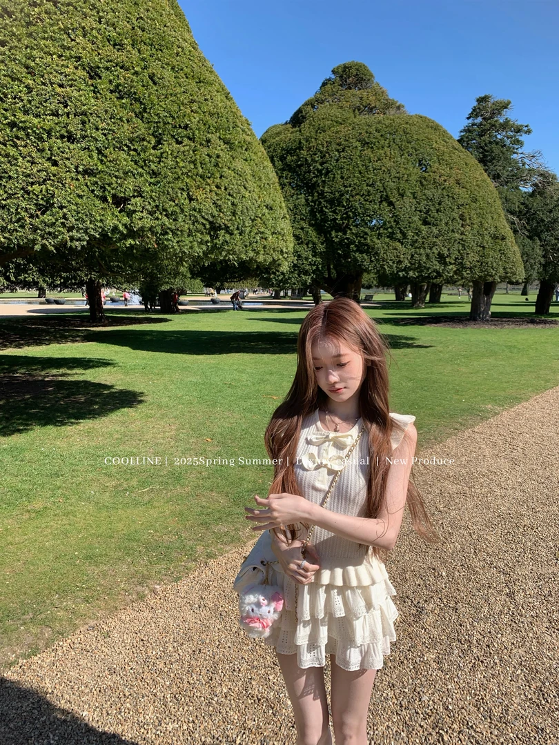 【我见犹怜】2025夏季新款气质中古兔耳朵拼接针织上衣女显瘦半身裙