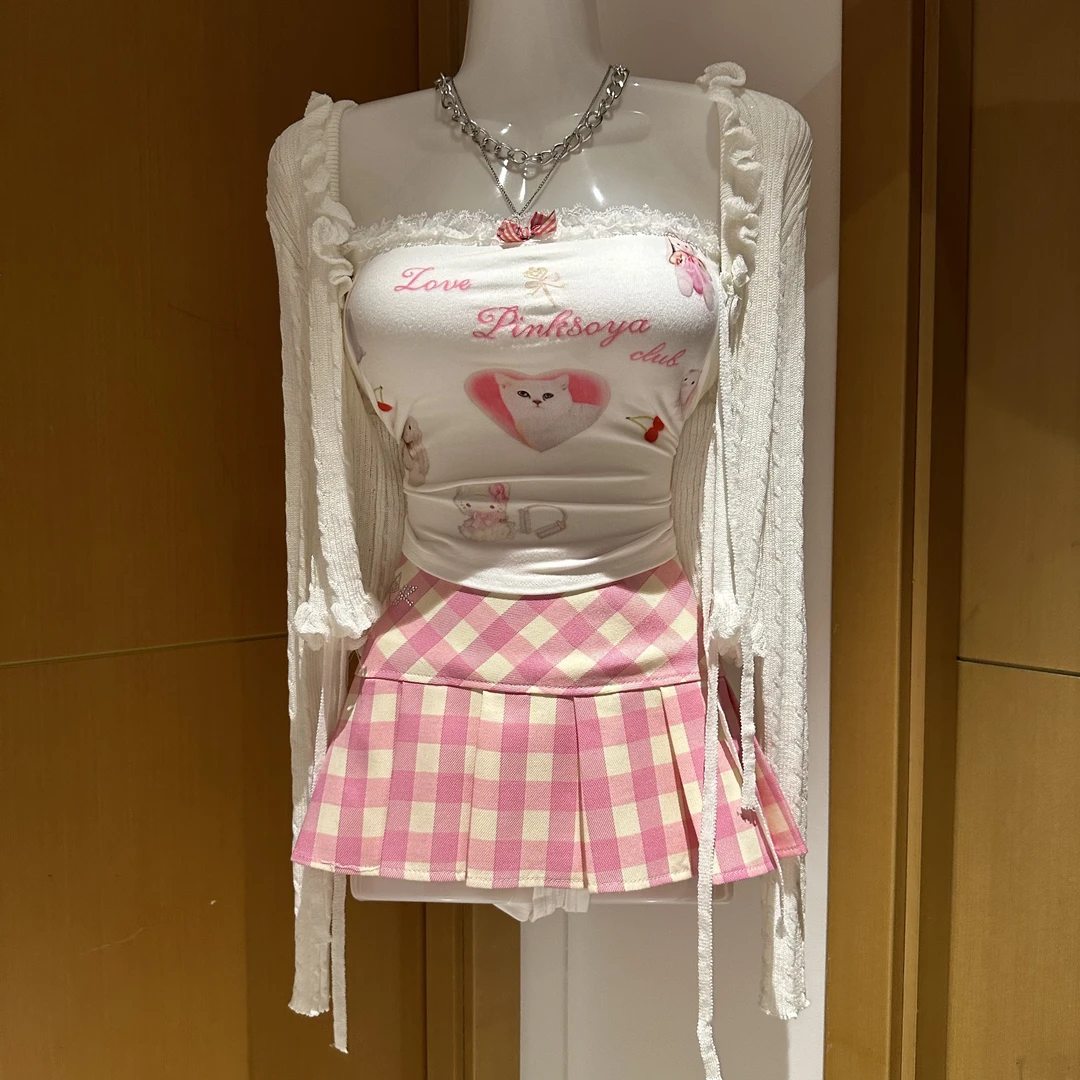 欲少女上衣粉色格子短裙夏季款