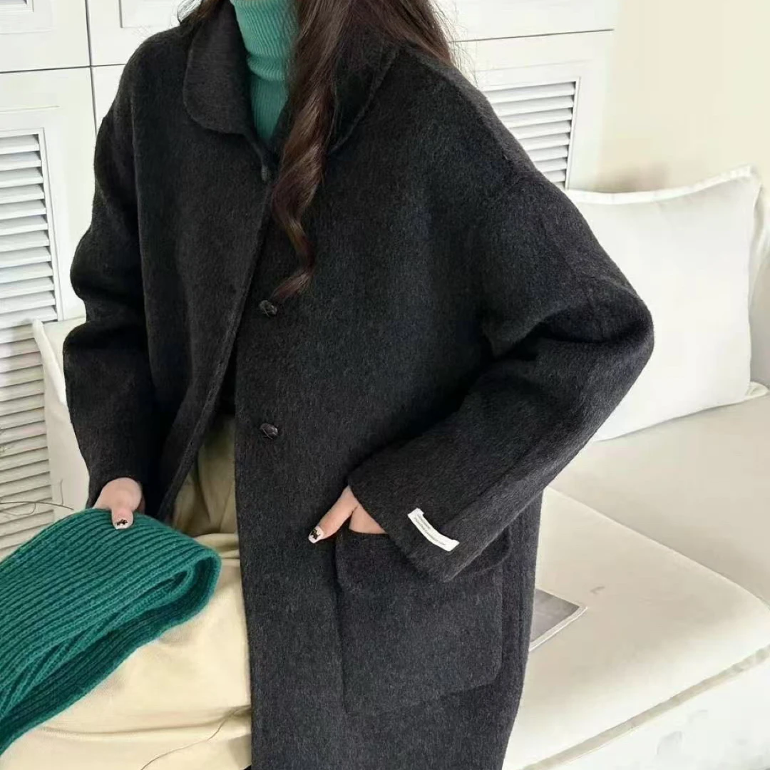 女士秋冬长款宽松三粒扣大口袋双面大衣简约风外套