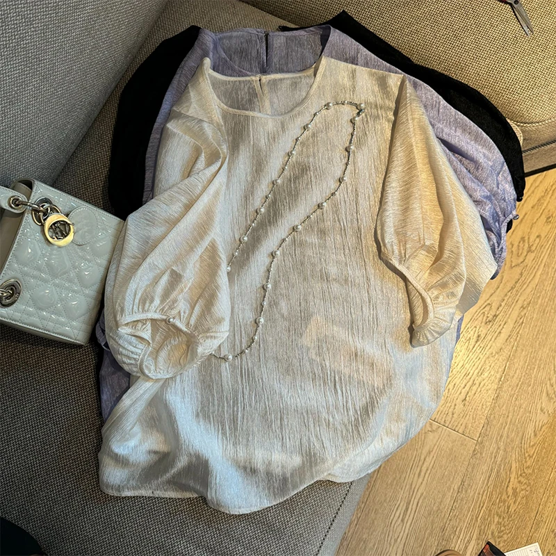 简约洋气时尚百搭设计感气质上衣女2025夏季新款宽松圆领防晒罩衫