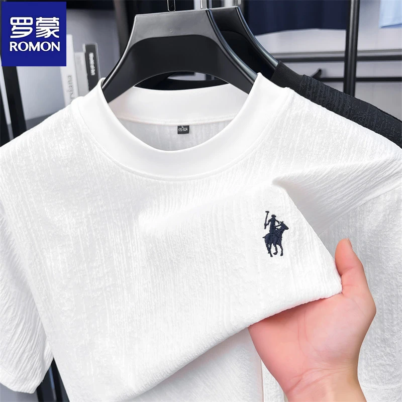罗蒙短袖t恤衫男士2025夏季男士体恤国潮冰丝速干圆领冰感上衣潮
