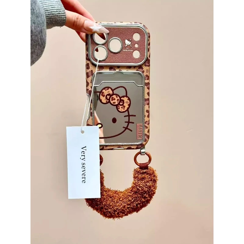 棕豹纹线条kt猫镜面卡包适用苹果17promax手机壳iphone16/15/14新