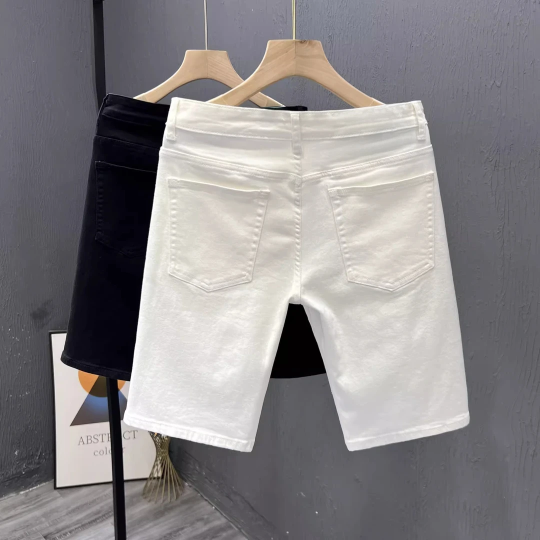 夏季薄款修身中裤男款休闲白色牛仔短裤弹力棉质男士显瘦五分裤子