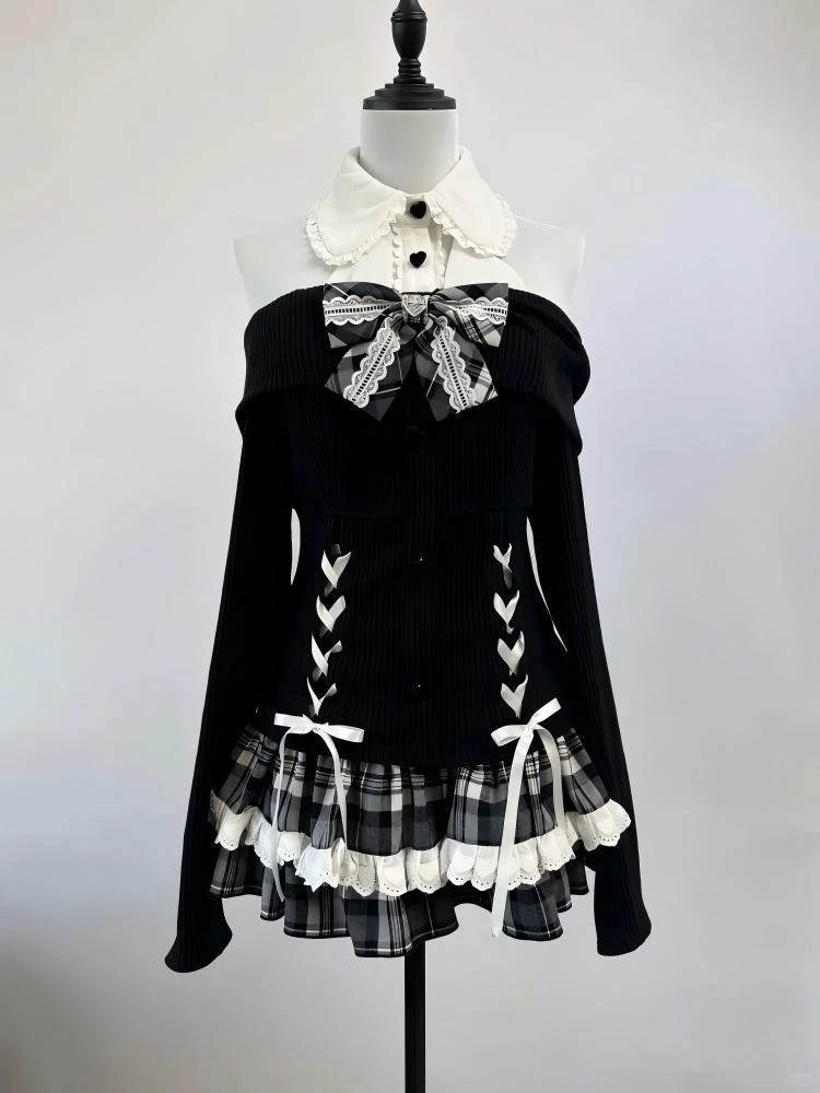 甜酷暗黑风套装女早秋设计感蝴蝶结系带长袖上衣+格纹短裙两件套