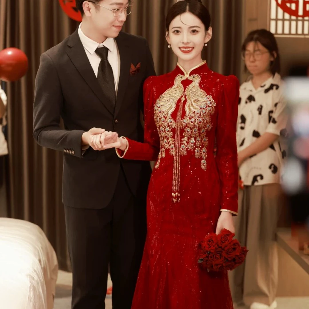 直播链接断码特价新中式旗袍敬酒服新娘亮片鱼尾结婚订婚回门日常