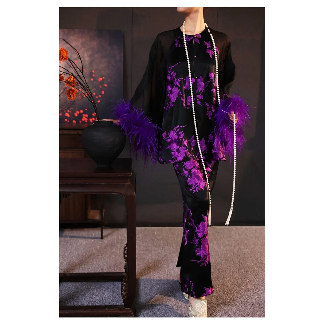 [李小姐Ly]原创设计师高定新款刺绣拼羽毛国风优雅长袖套装秋季