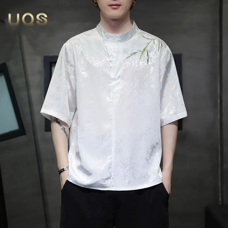 新夏季男士国风冰丝短袖竹子刺绣新中式凉感宽松舒适薄款立领半袖