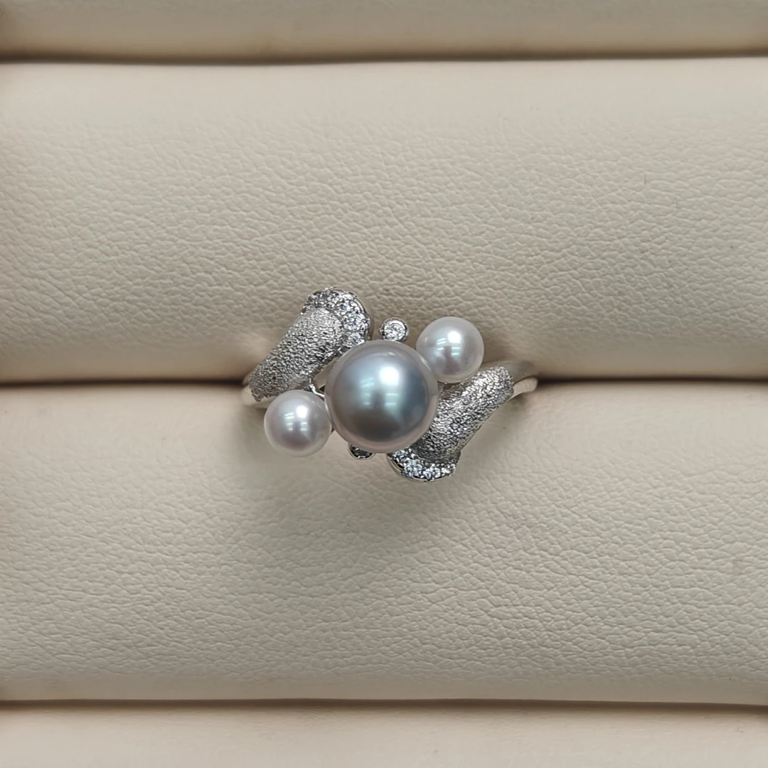 真多麻+淡水猫爪戒指珍珠三珠s925银