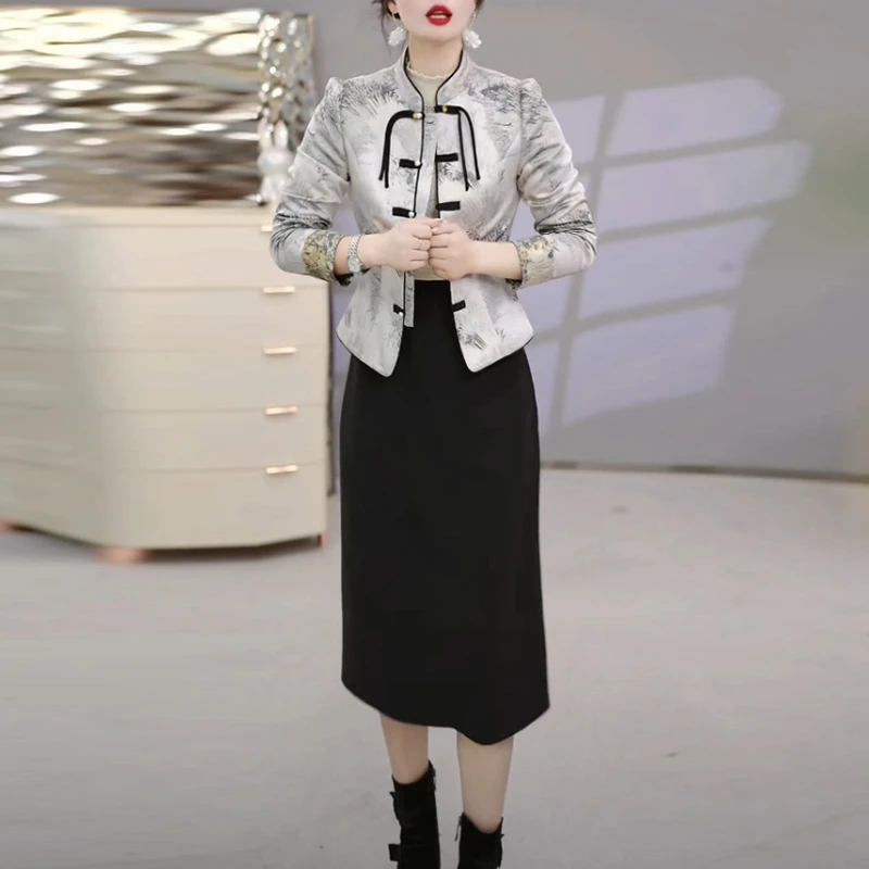 珍珠提花缎新中式复古国风两件套连衣裙2025春季新款长袖套装裙子