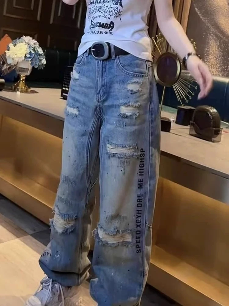 破洞牛仔裤子女2025春季新款胖妹妹梨形身材直筒裤大码显瘦阔腿裤